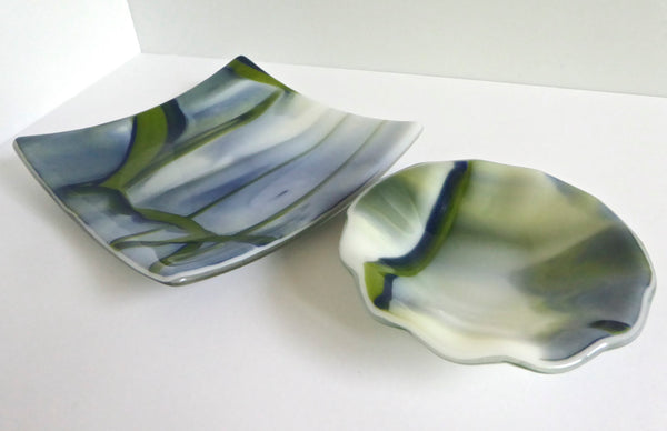 Fused Glass Bowl in Blue, Green and White