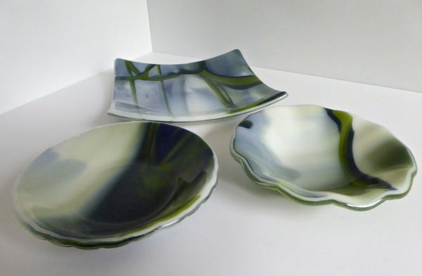Fused Glass Dish in Blue, Green and White