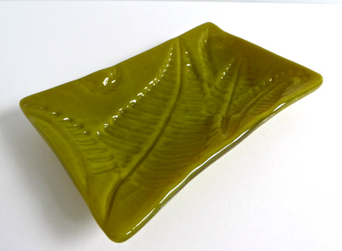 Fused Glass Fern Leaf Imprint Dish in Golden Green