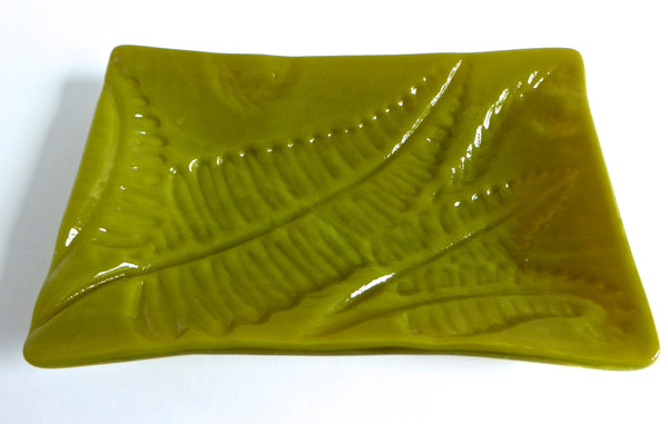 Fused Glass Fern Leaf Imprint Dish in Golden Green