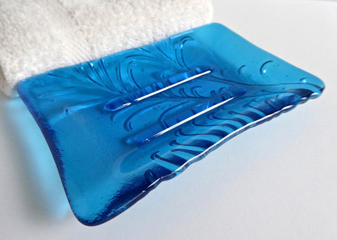 Feather Imprint Soap Dish in Bright Turquoise Fused Glass