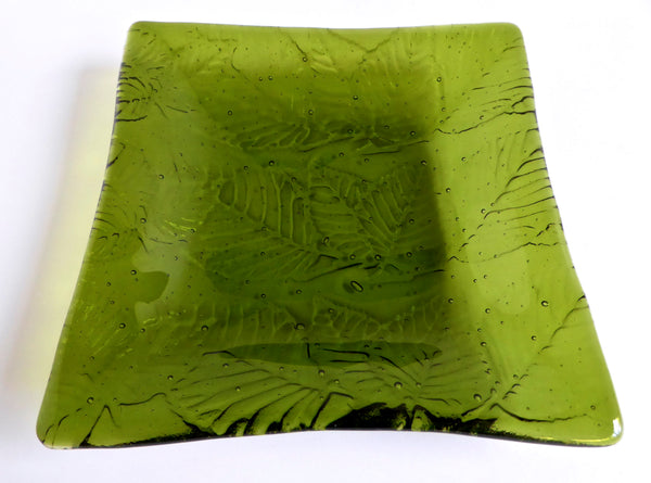 Leaf Imprint Fused Glass Dish in Fern Green