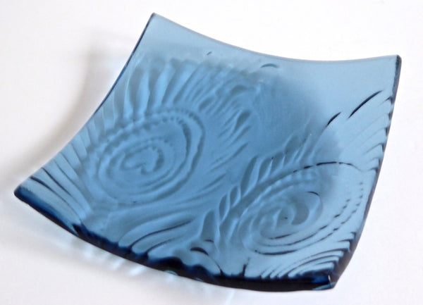 Feather Imprint Fused Glass Plate in Light Blue