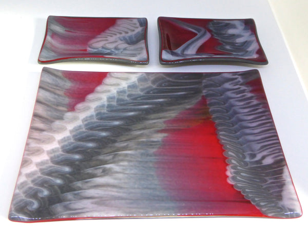 Fused Glass Sushi Set in Red, White and Gray