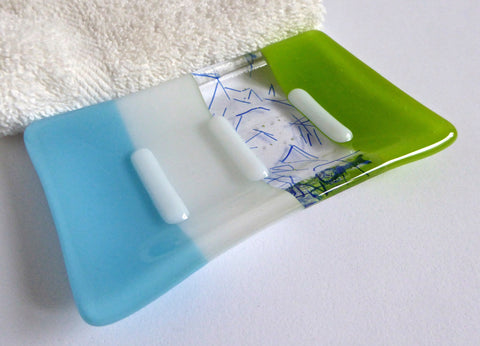 Fused Glass Soap Dish in Cyan Blue, White and Spring Green