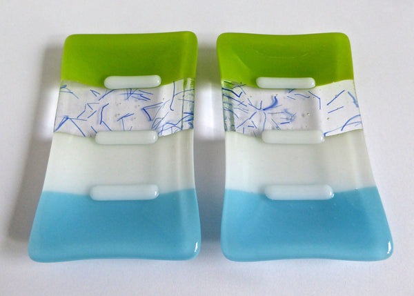 Fused Glass Soap Dish in Cyan Blue, White and Spring Green
