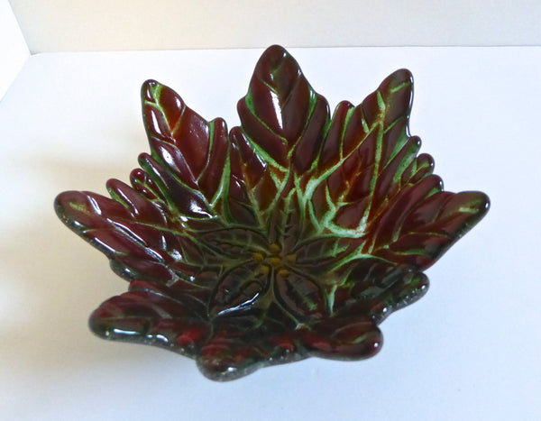 Green and Red Fused Glass Poinsettia Bowl