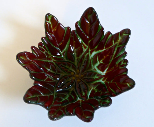 Green and Red Fused Glass Poinsettia Bowl