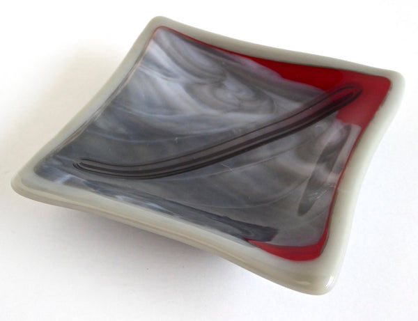 Fused Glass Ring Dish in Streaky Red and Grays