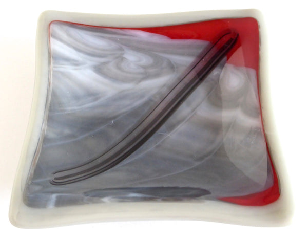 Fused Glass Ring Dish in Streaky Red and Grays