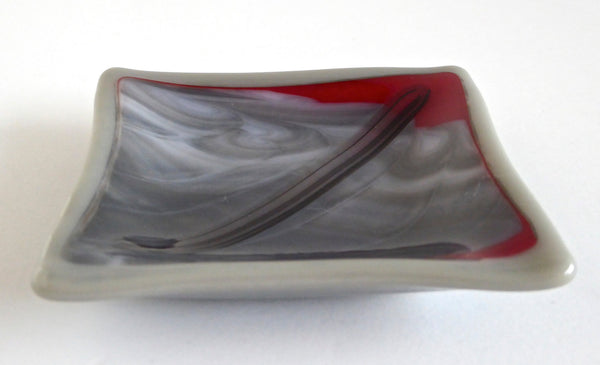 Fused Glass Ring Dish in Streaky Red and Grays