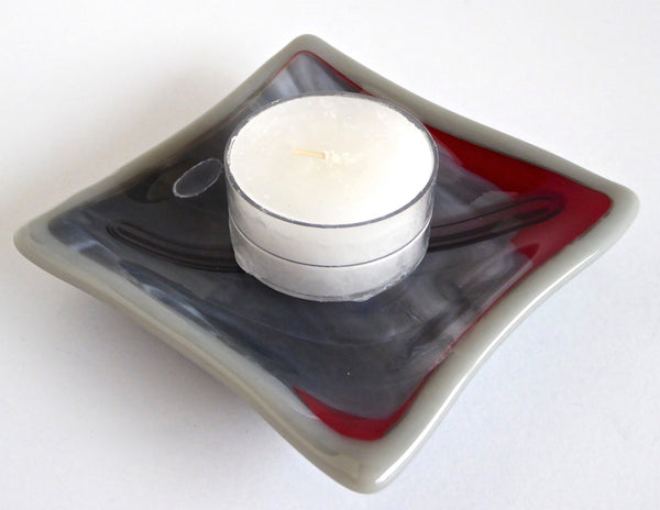 Fused Glass Ring Dish in Streaky Red and Grays