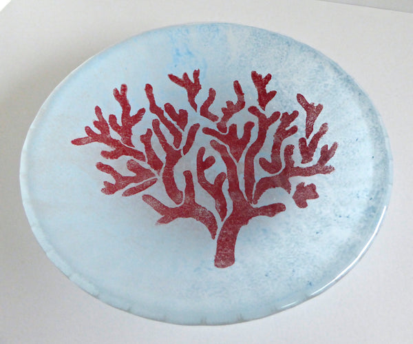 Fused Glass Coral Dish in Red and Pale Blue