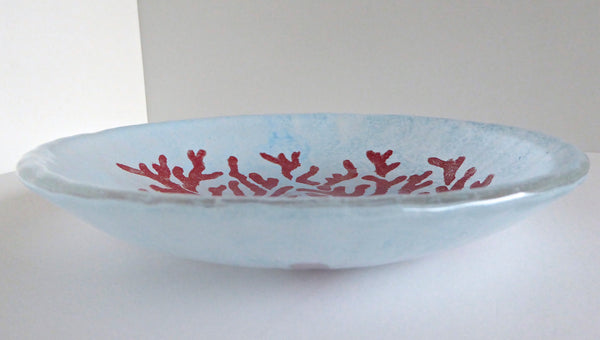 Fused Glass Coral Dish in Red and Pale Blue