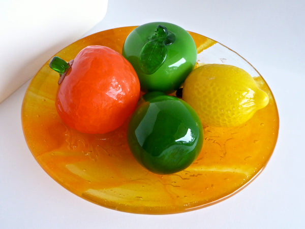 Fused Glass Oak Leaf Imprinted Bowl in Streaky Orange