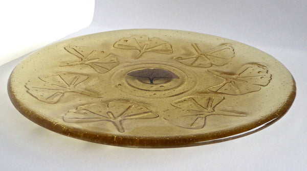 Fused Glass Ginkgo Leaf Imprinted Plate in Amber