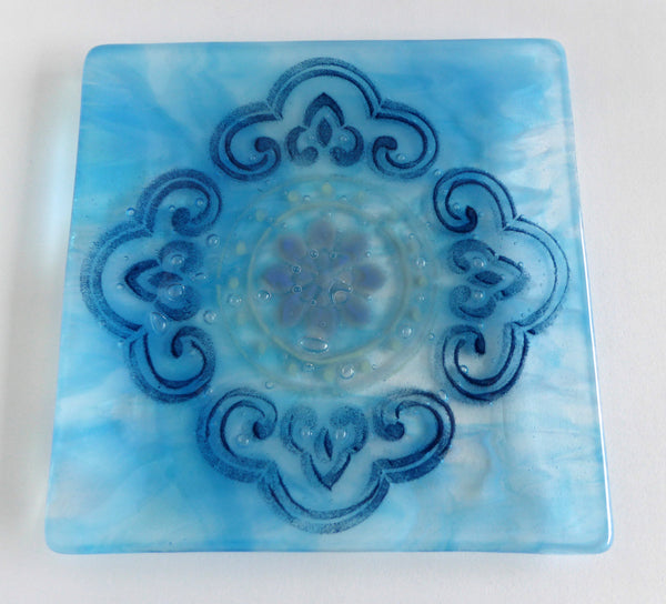 Fused Glass Plate in Streaky Turquoise, Clear and Aventurine Blue