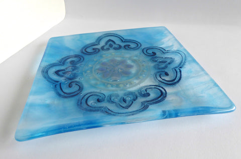 Fused Glass Plate in Streaky Turquoise, Clear and Aventurine Blue
