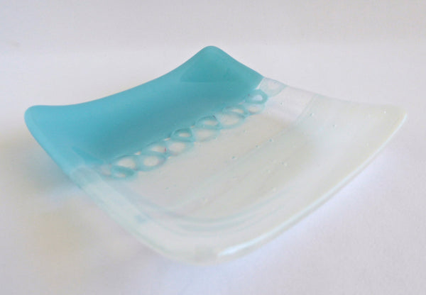 Fused Glass Murrini Plate in Turquoise and Streaky White