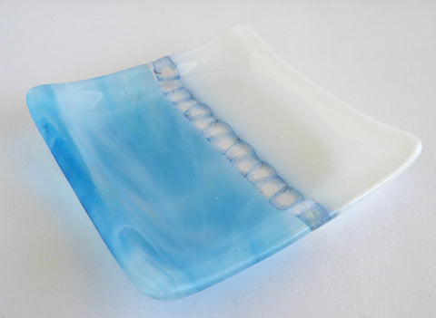 Fused Glass Murrini Plate in White and Streaky Turquoise