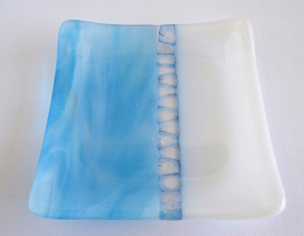 Fused Glass Murrini Plate in White and Streaky Turquoise
