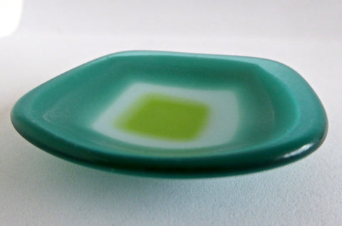 Aqua, Green and White Fused Glass Ring Dish