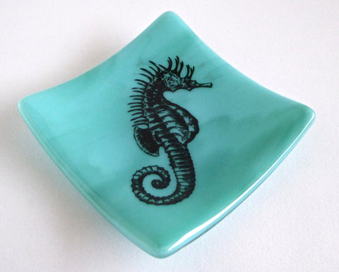 Blue Green Fused Glass Sea Horse Dish