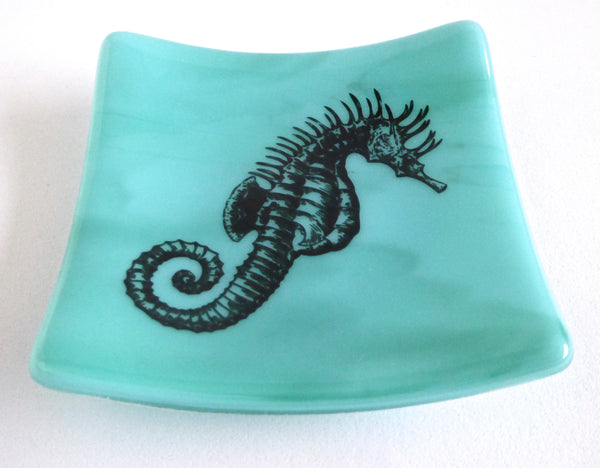 Blue Green Fused Glass Sea Horse Dish