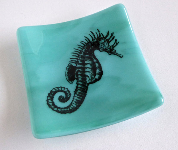 Blue Green Fused Glass Sea Horse Dish