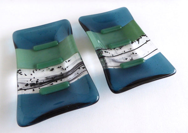 Sea Blue and Mineral Green Fused Glass Soap Dish