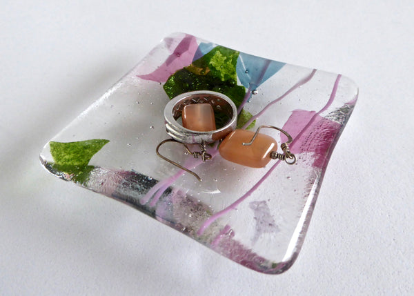 Fused Glass Ring Dish in Festive Pink, Aventurine Green and Aquamarine