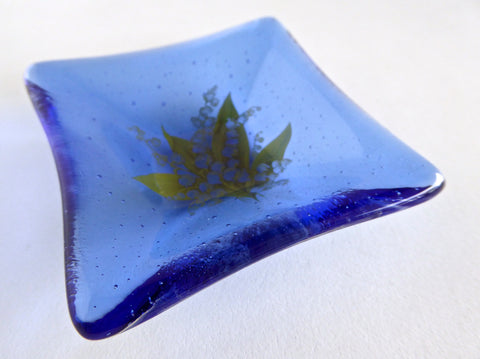 Fused Glass Lily of the Valley Ring Dish in Sky Blue
