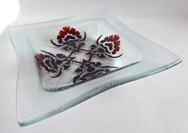 Red and Blue Floral Fused Glass Dish