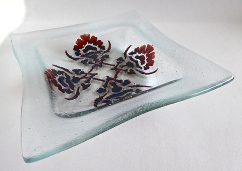 Red and Blue Floral Fused Glass Dish