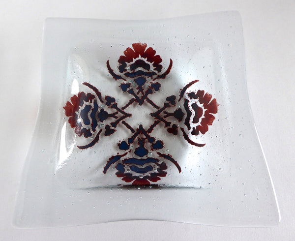 Red and Blue Floral Fused Glass Dish