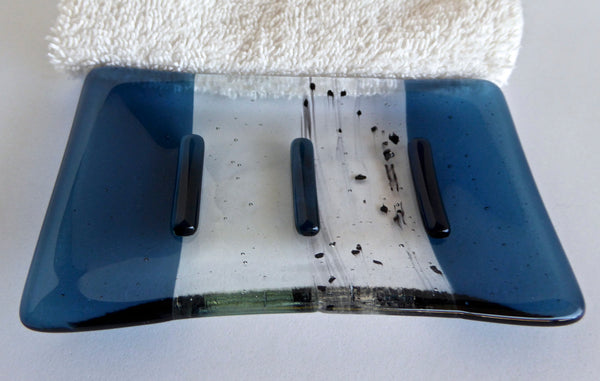 Steel Blue and Pale Blue Tint Fused Glass Soap Dish