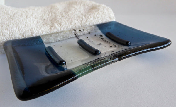 Steel Blue and Pale Blue Tint Fused Glass Soap Dish