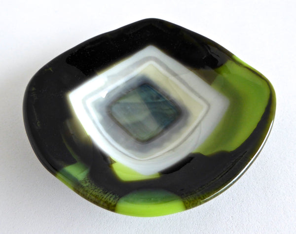 Fused Glass Dish in Spring Green, Black and French Vanilla