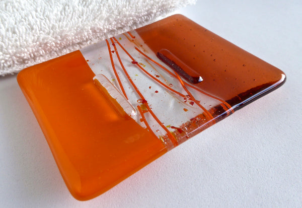 Fused Glass Soap Dish in Tangerine Orange and Coral