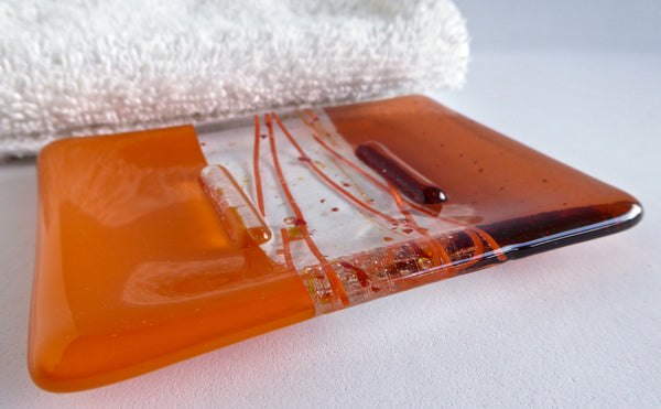 Fused Glass Soap Dish in Tangerine Orange and Coral