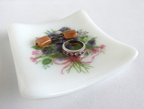 Pansies Fused Glass Small Plate in White