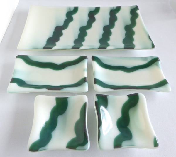 Fused Glass Five Piece Sushi Set in White and Green