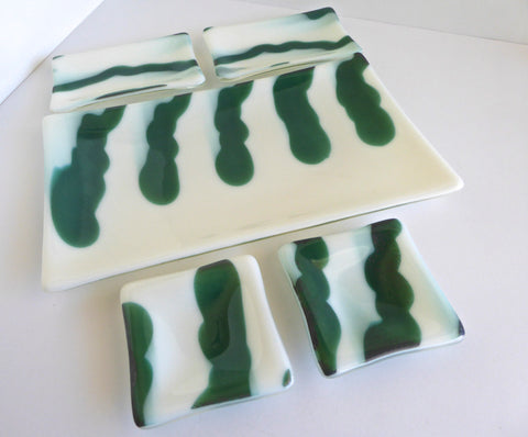 Fused Glass Five Piece Sushi Set in White and Green