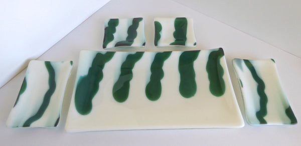 Fused Glass Five Piece Sushi Set in White and Green