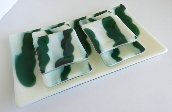 Fused Glass Five Piece Sushi Set in White and Green