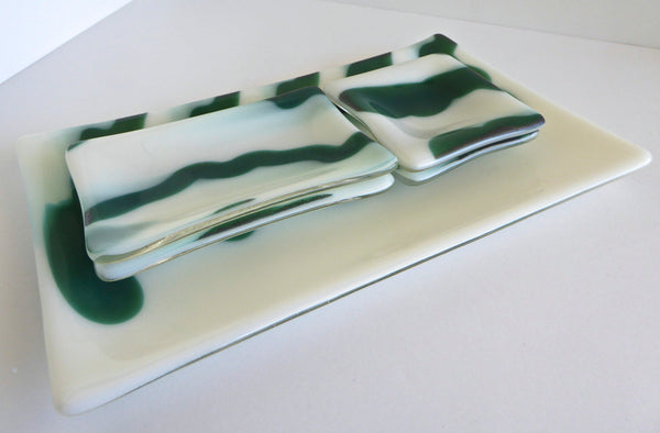 Fused Glass Five Piece Sushi Set in White and Green