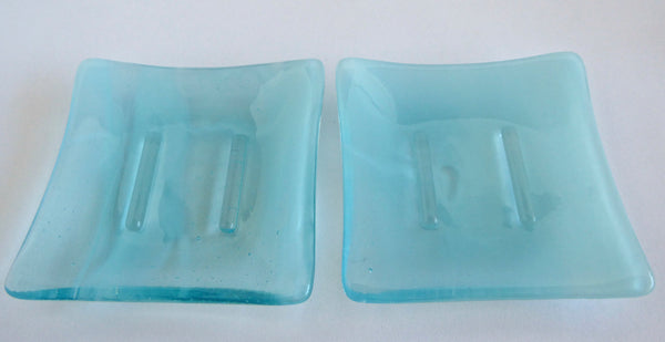 Fused Glass Square Soap Dish in Streaky Aqua