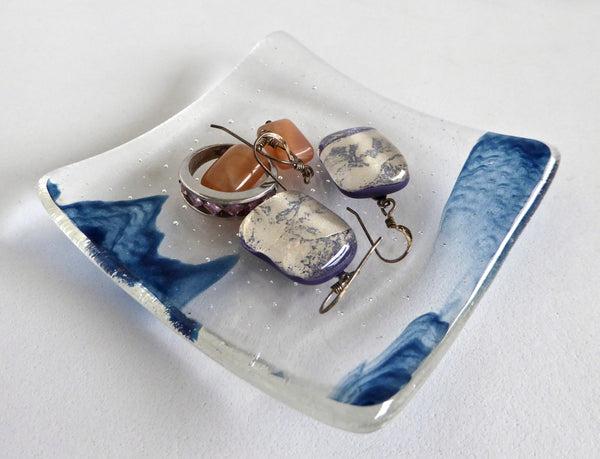 Fused Glass Ring Dish in Streaky Aventurine Blue and Clear