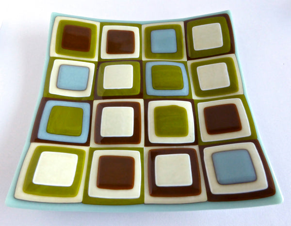 Fused Glass Plate in Blues, Greens, Brown and French Vanilla