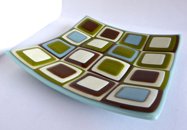 Fused Glass Plate in Blues, Greens, Brown and French Vanilla